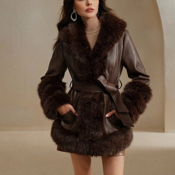 Coffee Brown Elegant Women's faux leather & faux fur Jacket - Picture 6 of 8